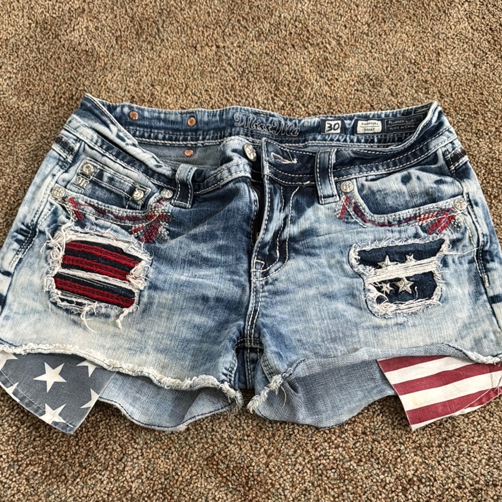 Distressed Denim Flag Patch Women’s Shorts - Size 30